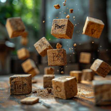 Wooden cubes fall on the table. The inscription "Power" on them. High quality illustrationの素材