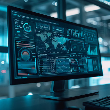 Computer monitor with graphs, map, dashboards. Technological background. High quality illustrationの素材