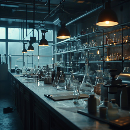 A scientific medical laboratory with a variety of flasks, reagents, vessels, liquids and equipment. Scientific breakthrough, research. High quality illustrationの素材