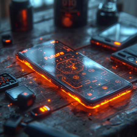 The emblem of 2024. Future. The symbol of the year of technology. The inscription on the smartphone. High quality photoの素材