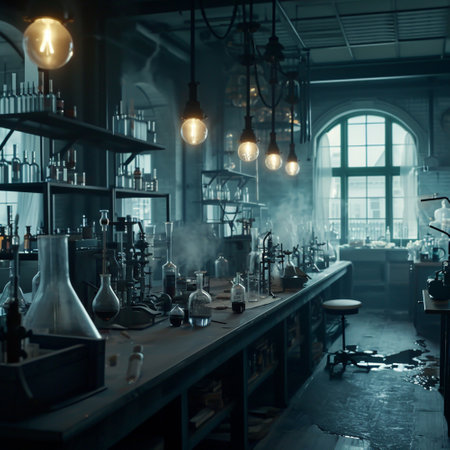 A scientific medical laboratory with a variety of flasks, reagents, vessels, liquids and equipment. Scientific breakthrough, research. High quality illustrationの素材