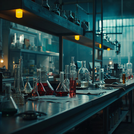 A scientific medical laboratory with a variety of flasks, reagents, vessels, liquids and equipment. Scientific breakthrough, research. High quality illustrationの素材