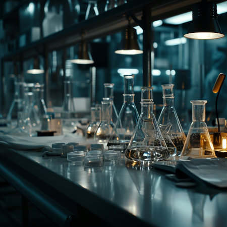 A scientific medical laboratory with a variety of flasks, reagents, vessels, liquids and equipment. Scientific breakthrough, research. High quality illustrationの素材
