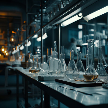 A scientific medical laboratory with a variety of flasks, reagents, vessels, liquids and equipment. Scientific breakthrough, research. High quality illustrationの素材
