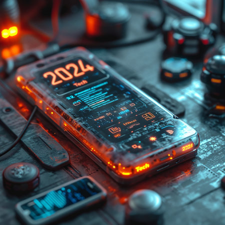 The emblem of 2024. The symbol of the year of technology. The inscription on the smartphone. High quality photoの素材