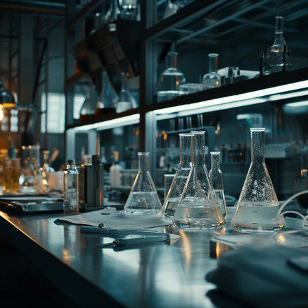 A scientific medical laboratory with a variety of flasks, reagents, vessels, liquids and equipment. Scientific breakthrough, research. High quality illustrationの素材
