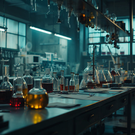 A scientific medical laboratory with a variety of flasks, reagents, vessels, liquids and equipment. Scientific breakthrough, research. High quality illustrationの素材