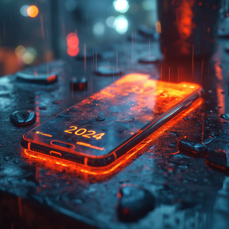 The emblem of 2024. Future. The symbol of the year of technology. The inscription on the smartphone. High quality photoの素材