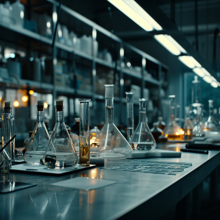 A scientific medical laboratory with a variety of flasks, reagents, vessels, liquids and equipment. Scientific breakthrough, research. High quality illustrationの素材