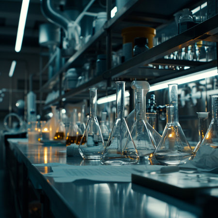 A scientific medical laboratory with a variety of flasks, reagents, vessels, liquids and equipment. Scientific breakthrough, research. High quality illustrationの素材