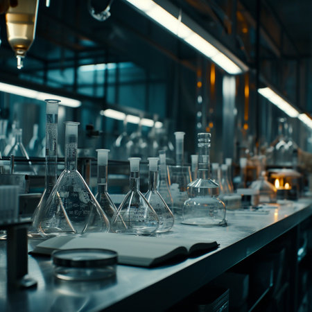 A scientific medical laboratory with a variety of flasks, reagents, vessels, liquids and equipment. Scientific breakthrough, research. High quality illustrationの素材