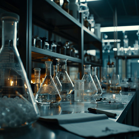 A scientific medical laboratory with a variety of flasks, reagents, vessels, liquids and equipment. Scientific breakthrough, research. High quality illustrationの素材