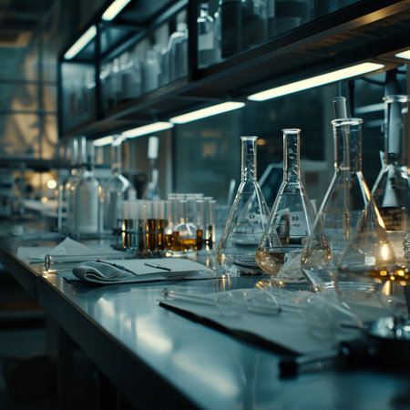 A scientific medical laboratory with a variety of flasks, reagents, vessels, liquids and equipment. Scientific breakthrough, research. High quality illustrationの素材