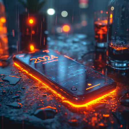 The emblem of 2024. Future. The symbol of the year of technology. The inscription on the smartphone. High quality photoの素材
