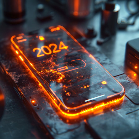 The emblem of 2024. Future. The symbol of the year of technology. The inscription on the smartphone. High quality photoの素材