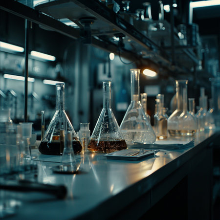 A scientific medical laboratory with a variety of flasks, reagents, vessels, liquids and equipment. Scientific breakthrough, research. High quality illustrationの素材