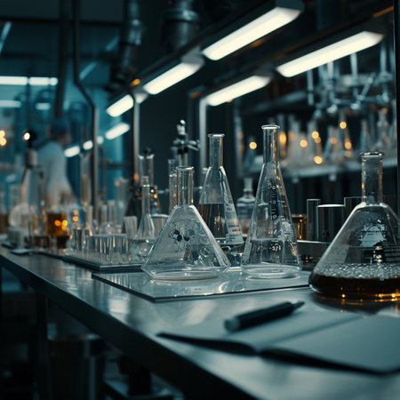 A scientific medical laboratory with a variety of flasks, reagents, vessels, liquids and equipment. Scientific breakthrough, research. High quality illustrationの素材