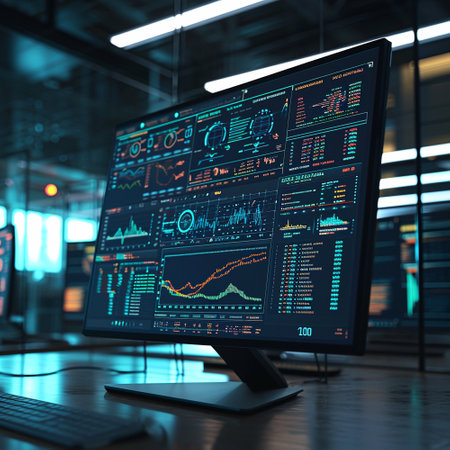 Computer monitor with graphs, map, dashboards. Technological background. High quality illustrationの素材