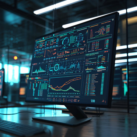 Computer monitor with graphs, map, dashboards. Technological background. High quality illustrationの素材