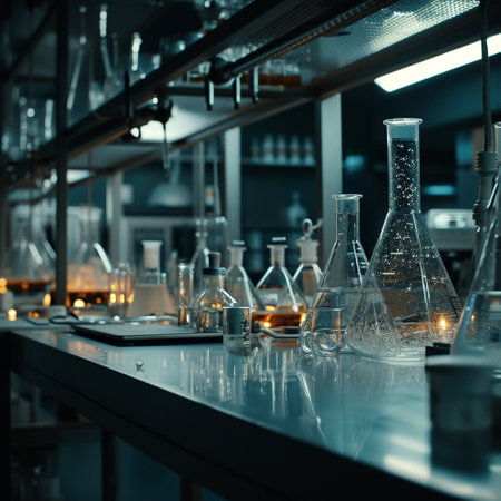 A scientific medical laboratory with a variety of flasks, reagents, vessels, liquids and equipment. Scientific breakthrough, research. High quality illustrationの素材