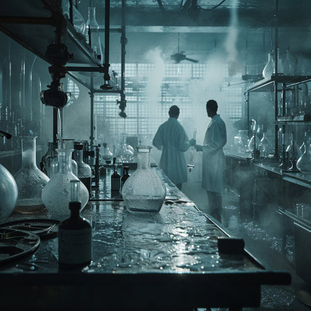 A scientific medical laboratory with a variety of flasks, reagents, vessels, liquids and equipment. Scientific breakthrough, research. High quality illustrationの素材