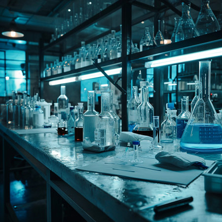 A scientific medical laboratory with a variety of flasks, reagents, vessels, liquids and equipment. Scientific breakthrough, research. High quality illustrationの素材