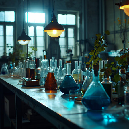 A scientific medical laboratory with a variety of flasks, reagents, vessels, liquids and equipment. Scientific breakthrough, research. High quality illustrationの素材