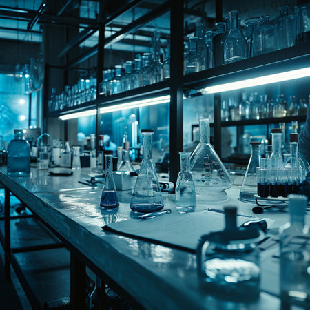 A scientific medical laboratory with a variety of flasks, reagents, vessels, liquids and equipment. Scientific breakthrough, research. High quality illustrationの素材