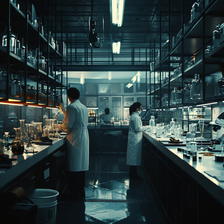 A scientific medical laboratory with a variety of flasks, reagents, vessels, liquids and equipment. Scientific breakthrough, research. High quality illustrationの素材