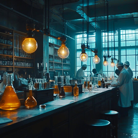 A scientific medical laboratory with a variety of flasks, reagents, vessels, liquids and equipment. Scientific breakthrough, research. High quality illustrationの素材