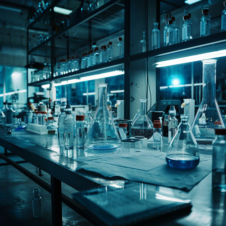 A scientific medical laboratory with a variety of flasks, reagents, vessels, liquids and equipment. Scientific breakthrough, research. High quality illustrationの素材