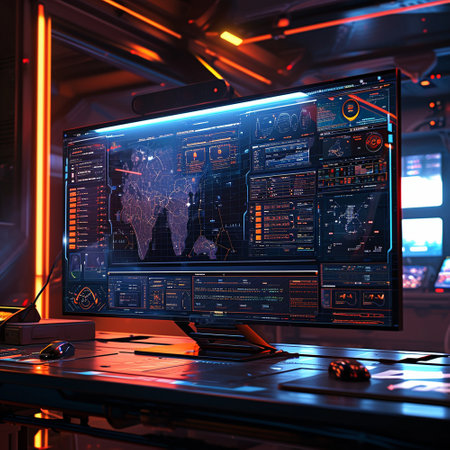Computer monitor with graphs, map, dashboards. Technological background. High quality illustrationの素材