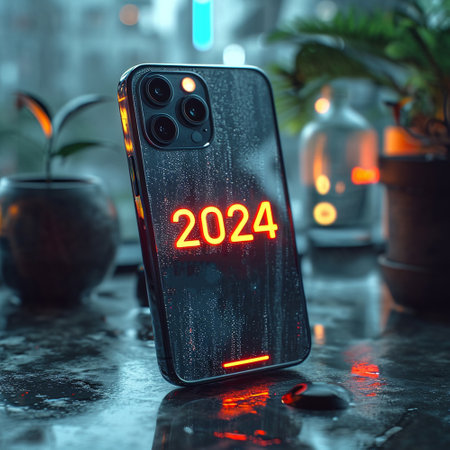 The emblem of 2024. The symbol of the year of technology. The inscription on the smartphone. High quality photoの素材