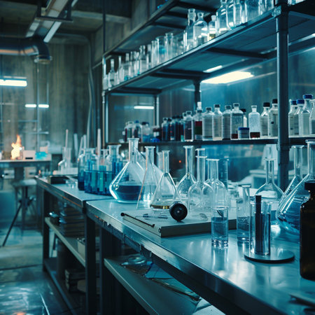 A scientific medical laboratory with a variety of flasks, reagents, vessels, liquids and equipment. Scientific breakthrough, research. High quality illustrationの素材