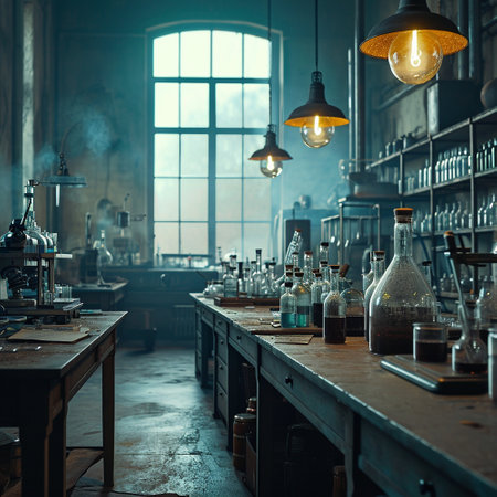 A scientific medical laboratory with a variety of flasks, reagents, vessels, liquids and equipment. Scientific breakthrough, research. High quality illustrationの素材