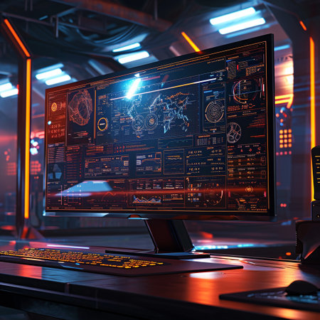 Computer monitor with graphs, map, dashboards. Technological background. High quality illustrationの素材