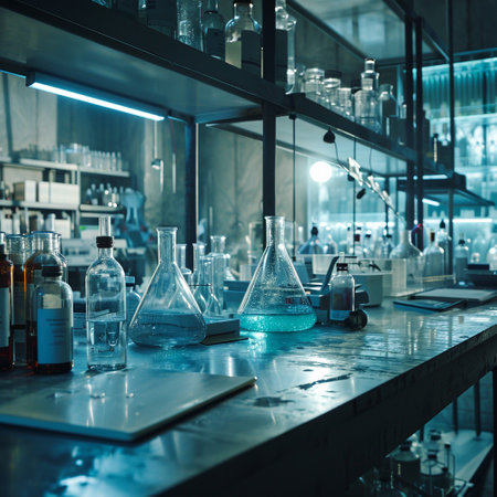 A scientific medical laboratory with a variety of flasks, reagents, vessels, liquids and equipment. Scientific breakthrough, research. High quality illustrationの素材