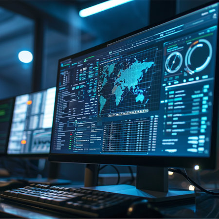 Computer monitor with graphs, map, dashboards. Technological background. High quality illustrationの素材