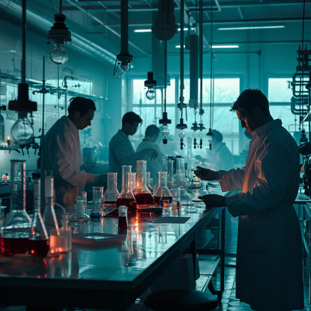 A scientific medical laboratory with a variety of flasks, reagents, vessels, liquids and equipment. Scientific breakthrough, research. High quality illustrationの素材