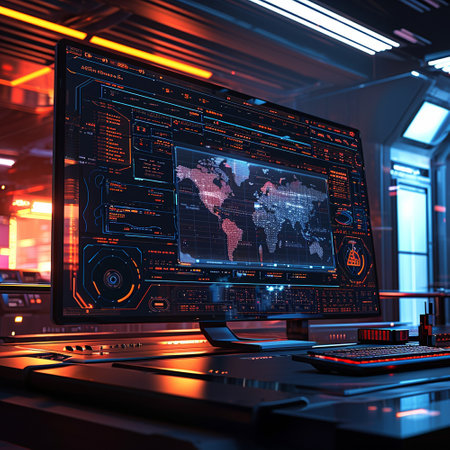 Computer monitor with graphs, map, dashboards. Technological background. High quality illustrationの素材