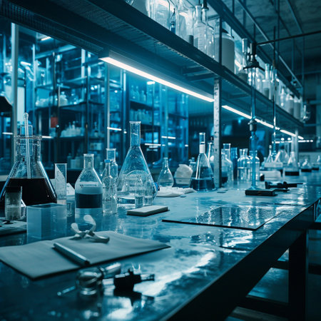 A scientific medical laboratory with a variety of flasks, reagents, vessels, liquids and equipment. Scientific breakthrough, research. High quality illustrationの素材