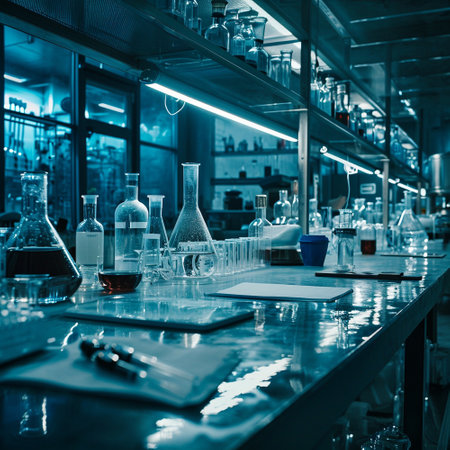 A scientific medical laboratory with a variety of flasks, reagents, vessels, liquids and equipment. Scientific breakthrough, research. High quality illustrationの素材