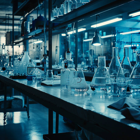 A scientific medical laboratory with a variety of flasks, reagents, vessels, liquids and equipment. Scientific breakthrough, research. High quality illustrationの素材