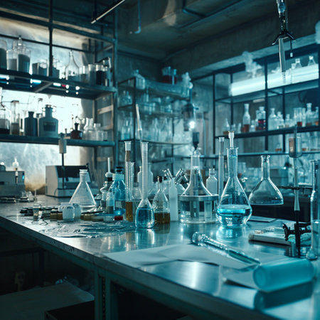 A scientific medical laboratory with a variety of flasks, reagents, vessels, liquids and equipment. Scientific breakthrough, research. High quality illustrationの素材