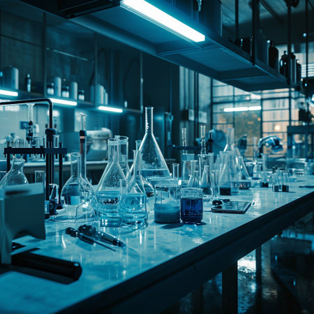 A scientific medical laboratory with a variety of flasks, reagents, vessels, liquids and equipment. Scientific breakthrough, research. High quality illustrationの素材