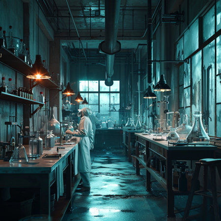 A scientific medical laboratory with a variety of flasks, reagents, vessels, liquids and equipment. Scientific breakthrough, research. High quality illustrationの素材