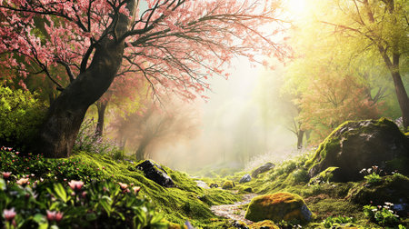 Spring landscape. Fresh foliage, grass. Nature comes to life. spring background for the product. High quality illustrationの素材
