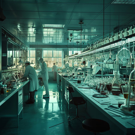 A scientific medical laboratory with a variety of flasks, reagents, vessels, liquids and equipment. Scientific breakthrough, research. High quality illustrationの素材