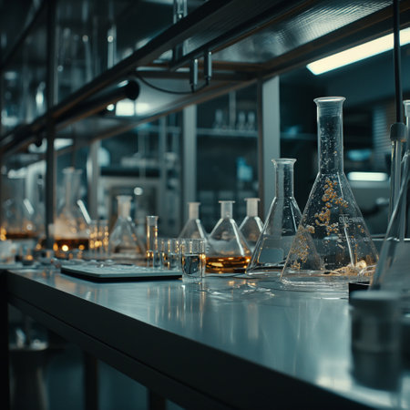 A scientific medical laboratory with a variety of flasks, reagents, vessels, liquids and equipment. Scientific breakthrough, research. High quality illustrationの素材