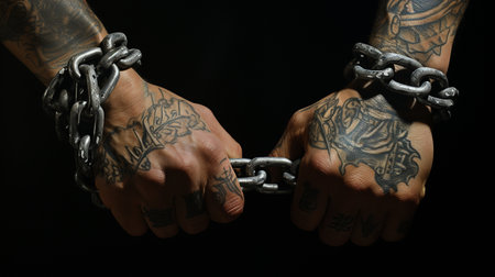 Strong arms stretch a large metal chain. High quality illustrationの素材